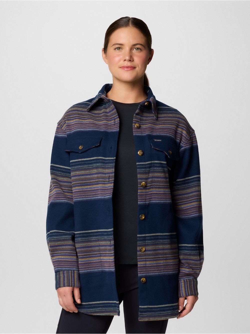 Columbia Calico Basin Flannel Shirt Jacket Collegiate Navy Vista Stripe XL